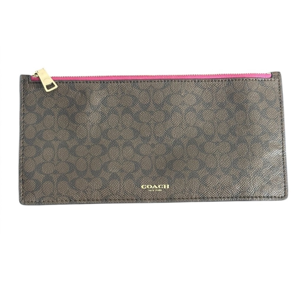 Coach Signature Brown and Pink Zipper Envelope Clutch